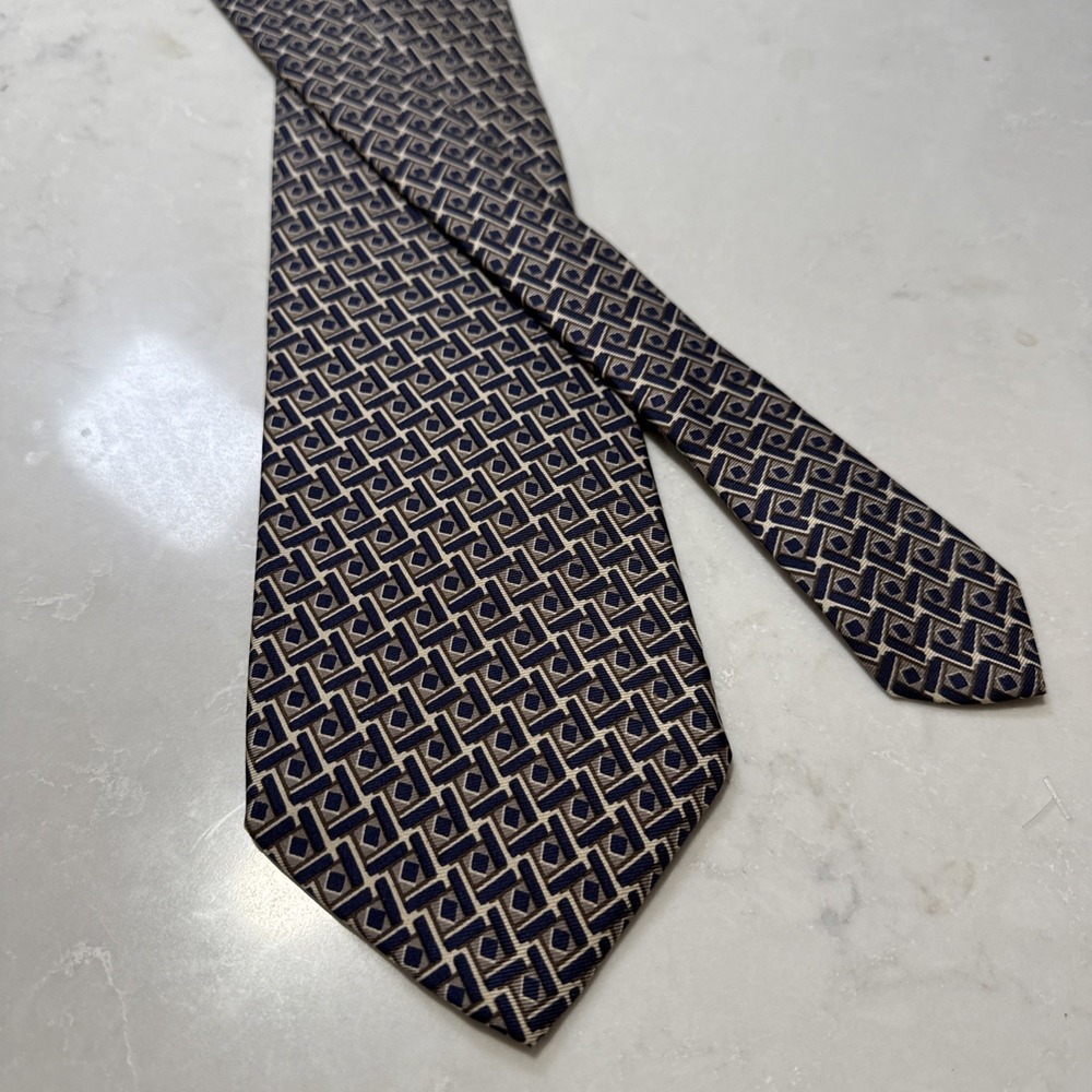 Vtg Brooks Brothers Makers Tie Brown Blue Geometric Silk Woven  USA 58"X3 7/8